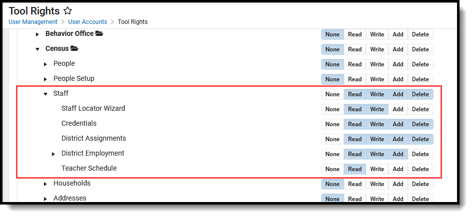 Screenshot of census staff tool rights. 