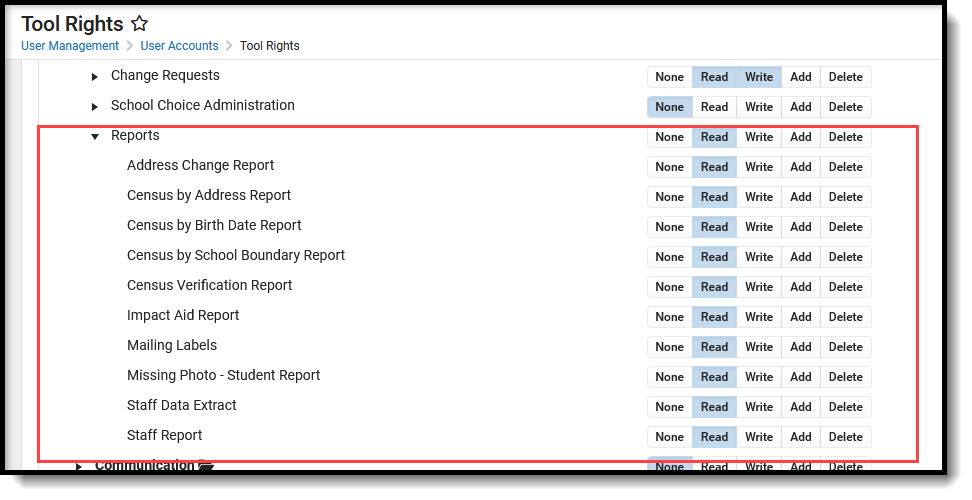 Screenshot of census reports tool rights. 