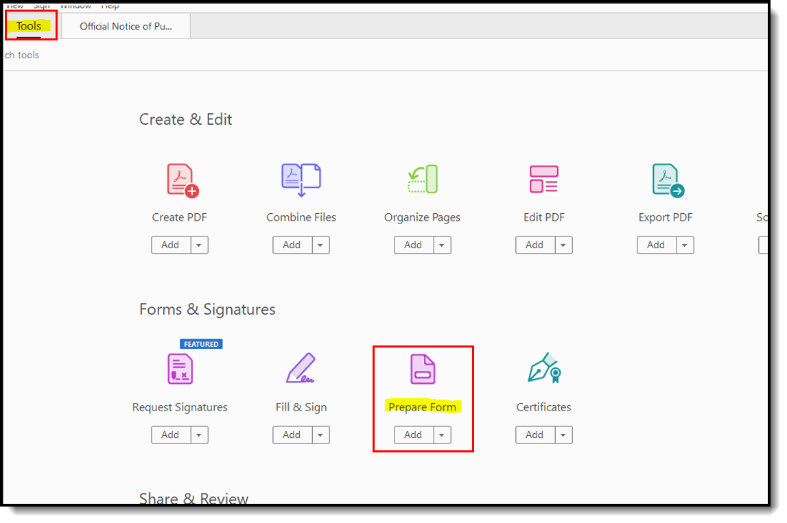 Screenshot of the Prepare Form option under Tools in Adobe Acrobat.