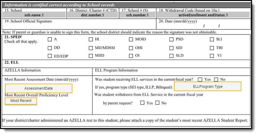 Screenshot of the Student Withdrawal Form fields 15 through 22.