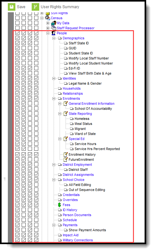 Screenshot of census people tool rights in classic navigation.