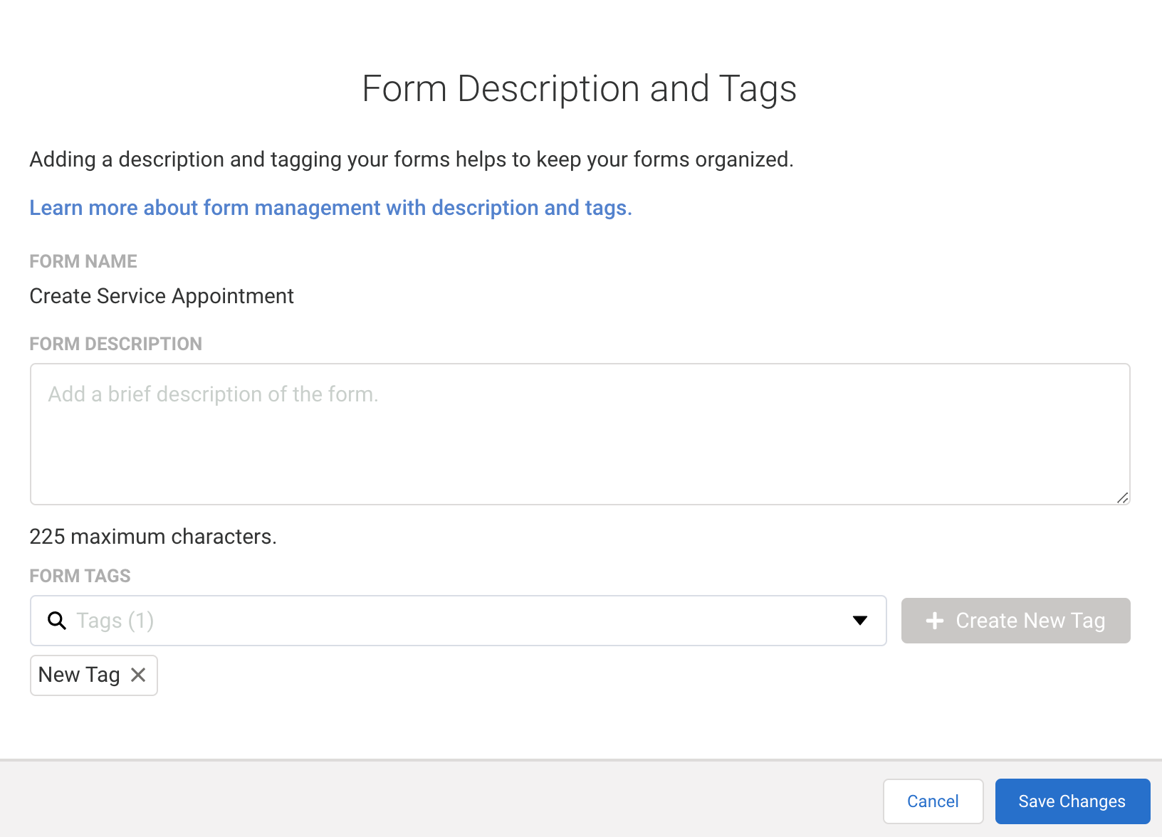 Image of the Form Description and Tags modal shown