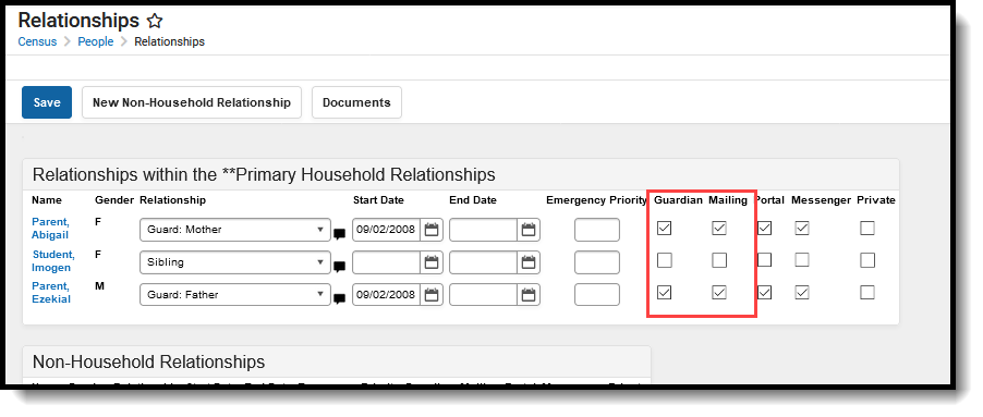 Screenshot of the Guardian and Mailing checkboxes marked on the relationships tool.