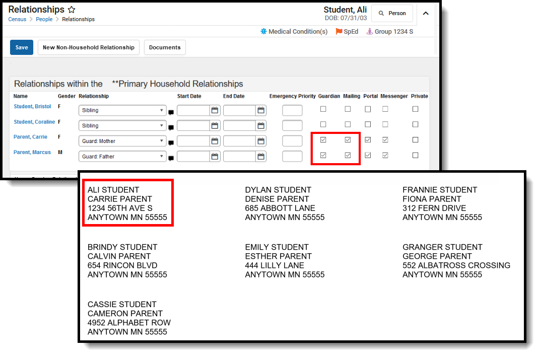 Two-part screenshot of the guardian and mailing checkboxes on the relationships tool and the student labels report showing both guardians in the household.