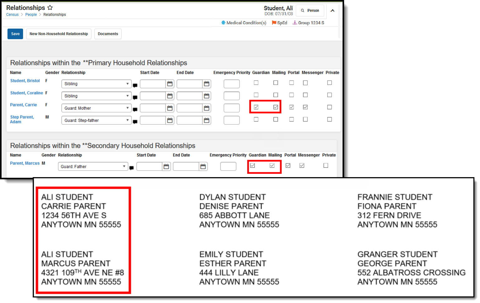 Two-part screenshot of the guardian and mailing checkboxes on the relationships and the student labels report showing two guardians in two different households.