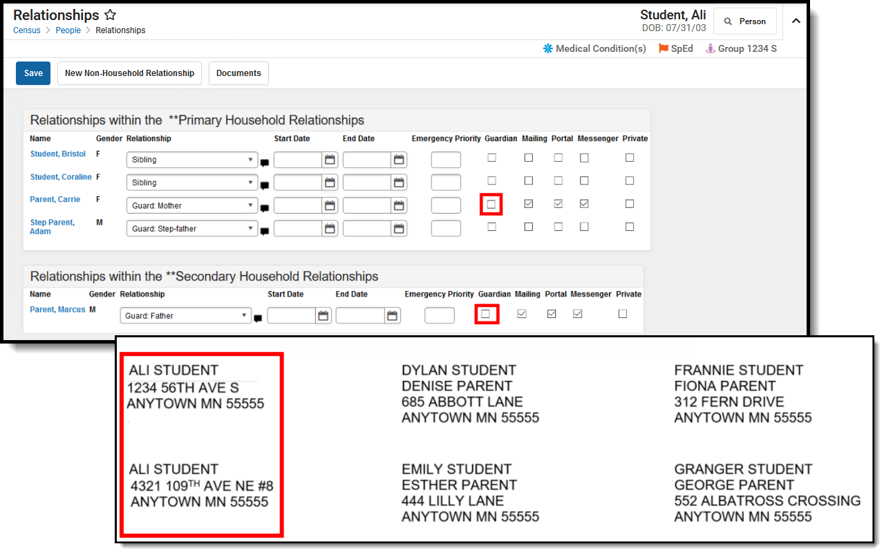 Two-part screenshot of the guardian and mailing checkboxes on the relationships and the student labels report showing no guardians in two households.