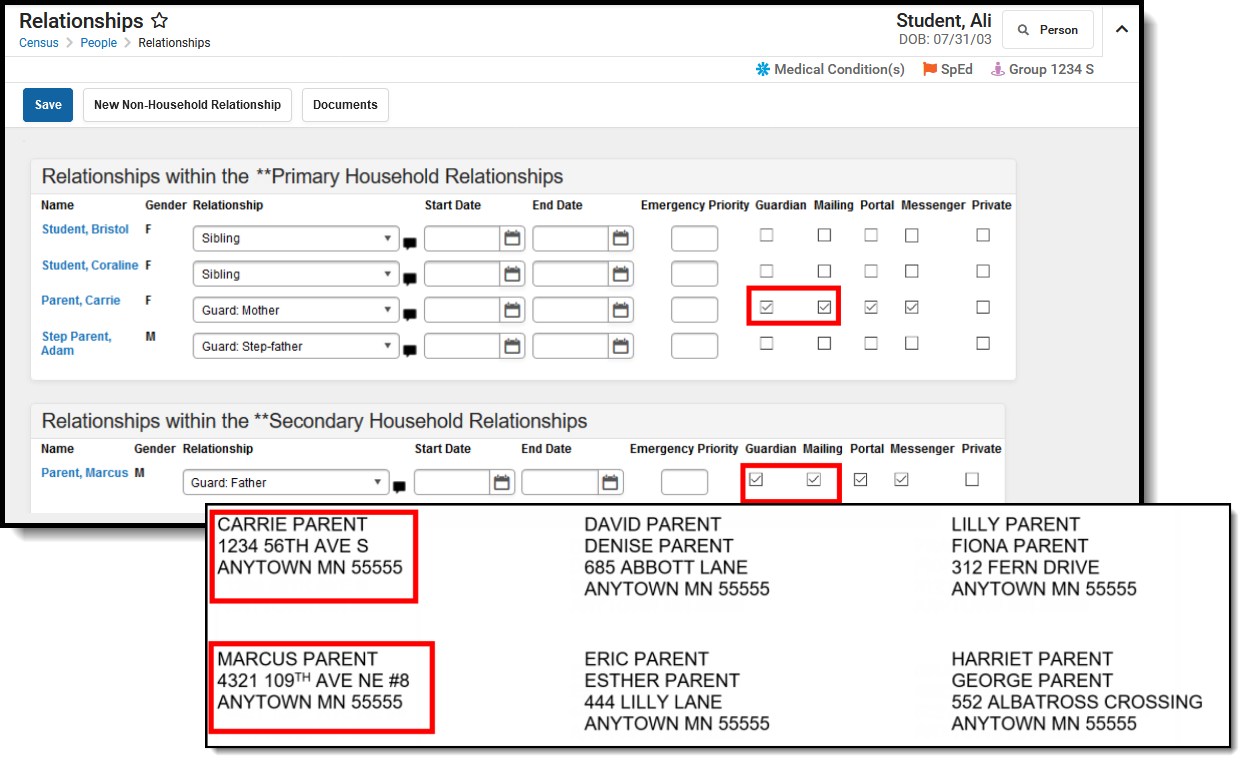 Two part screenshot of the guardian and mailing checkboxes on the relationships tool and one label for each household with a guardian.