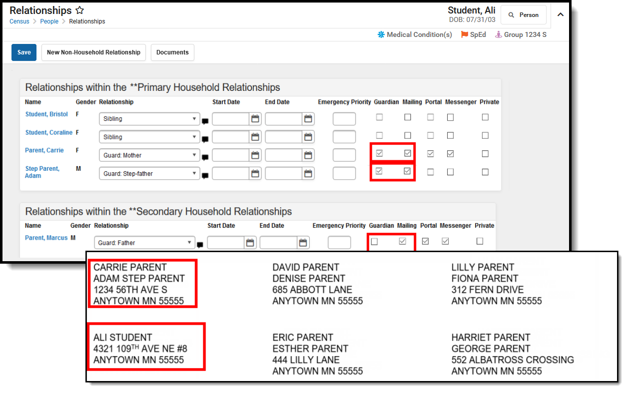 Two part screenshot of the guardian and mailing checkboxes on the relationships tool and Two Guardians in one household, no guardians in second household.