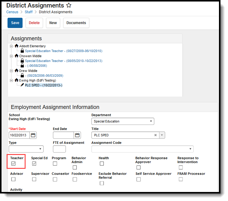 Screenshot of the teacher checkbox on the District Assignment tool.