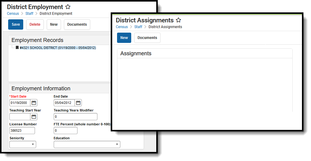 Screenshot of a district employment record but no district assignment.