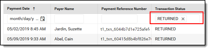 Screenshot of a transaction status