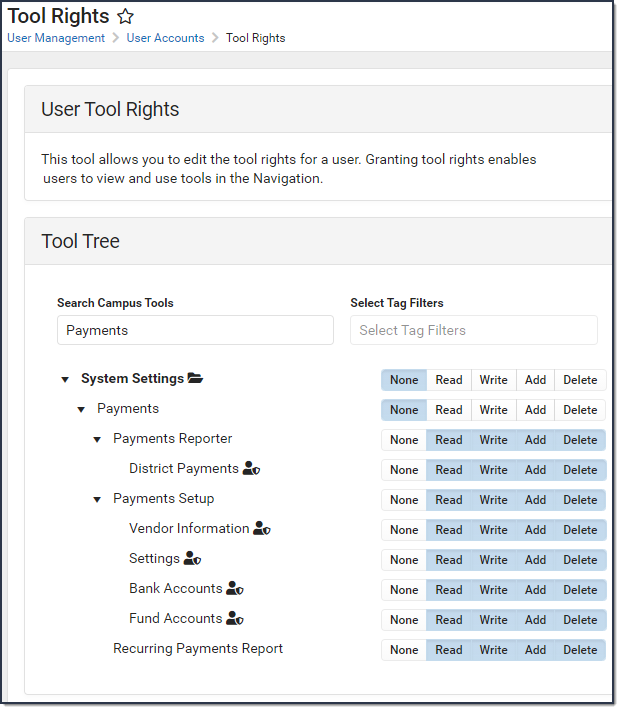 Screenshot of Payments tool rights.
