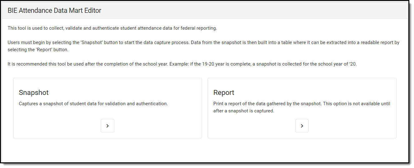 Screenshot of the BIE Attendance Data Mart Editor.