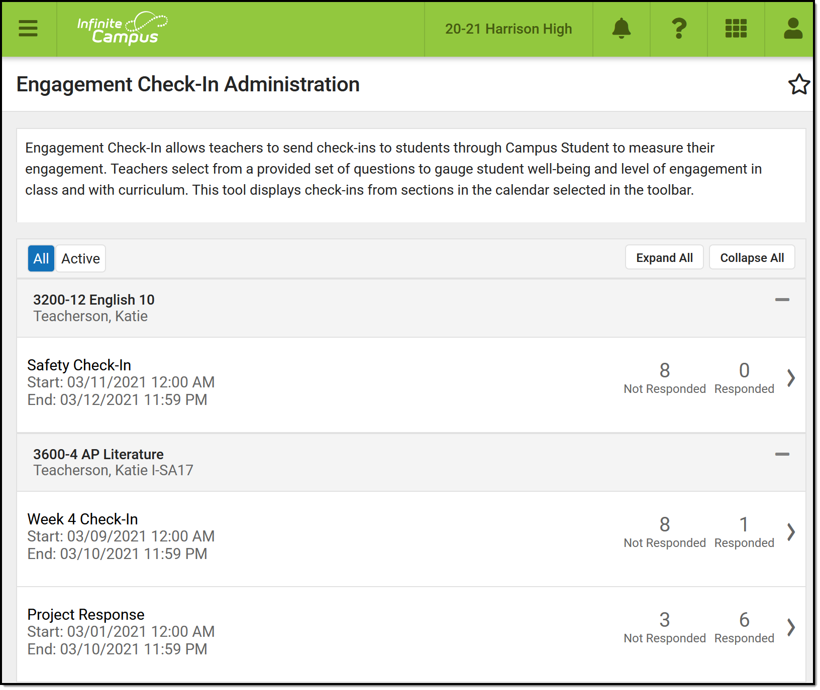 Screenshot of the engagement check-in administration tool with check-in's listed by section with the number of students who have and haven't responded.