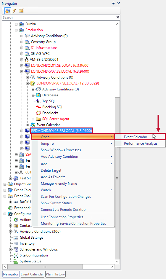 SQL Sentry Navigator Pane with an instance selected and the Open Event Calendar option highlighted.