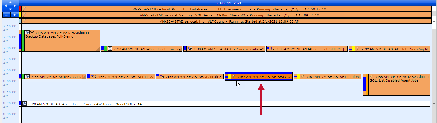 Event Calendar displaying a selected event instance further indicated by a red arrow.