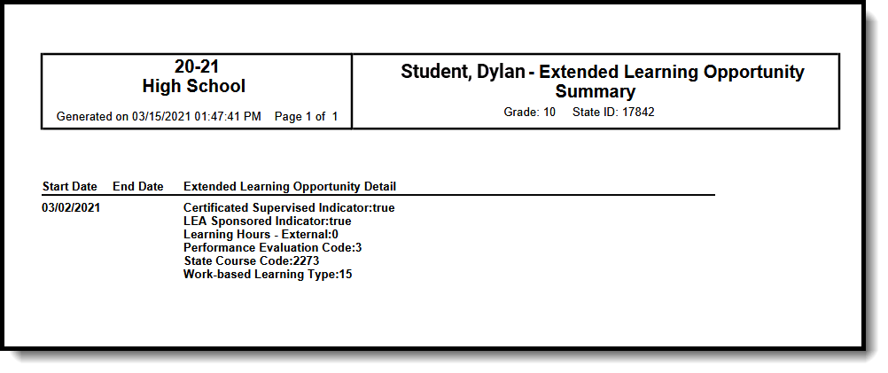 Screenshot of a printed summary of a student's work-based learning record.