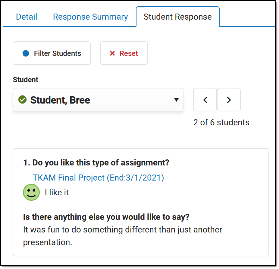 Screenshot of the student response tab in a check-in.  