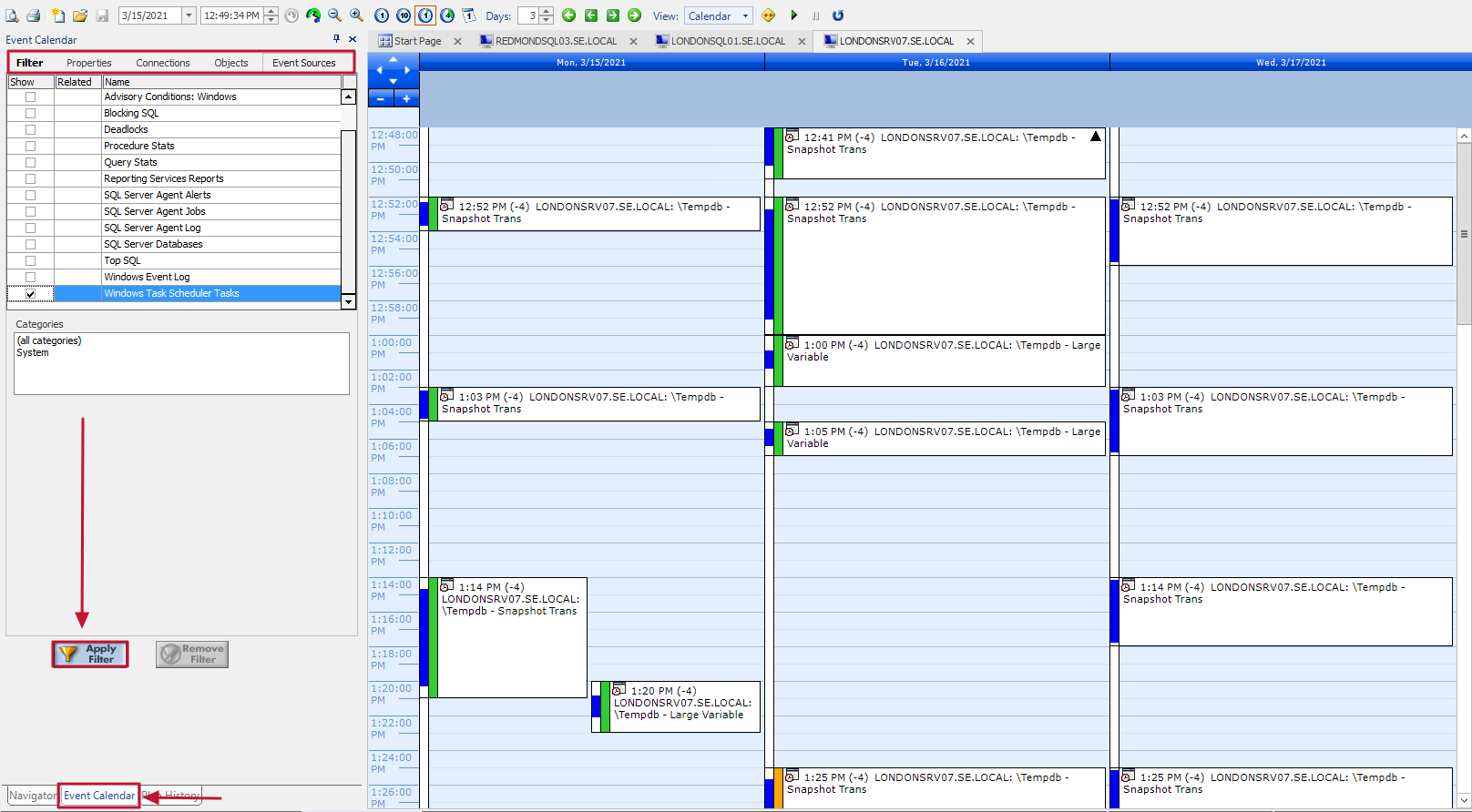 Event calendar filter showing only Windows Task Scheduler Tasks across 3 days