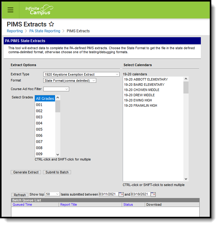 Screenshot of the PIMS Keystone Exemption extract editor.