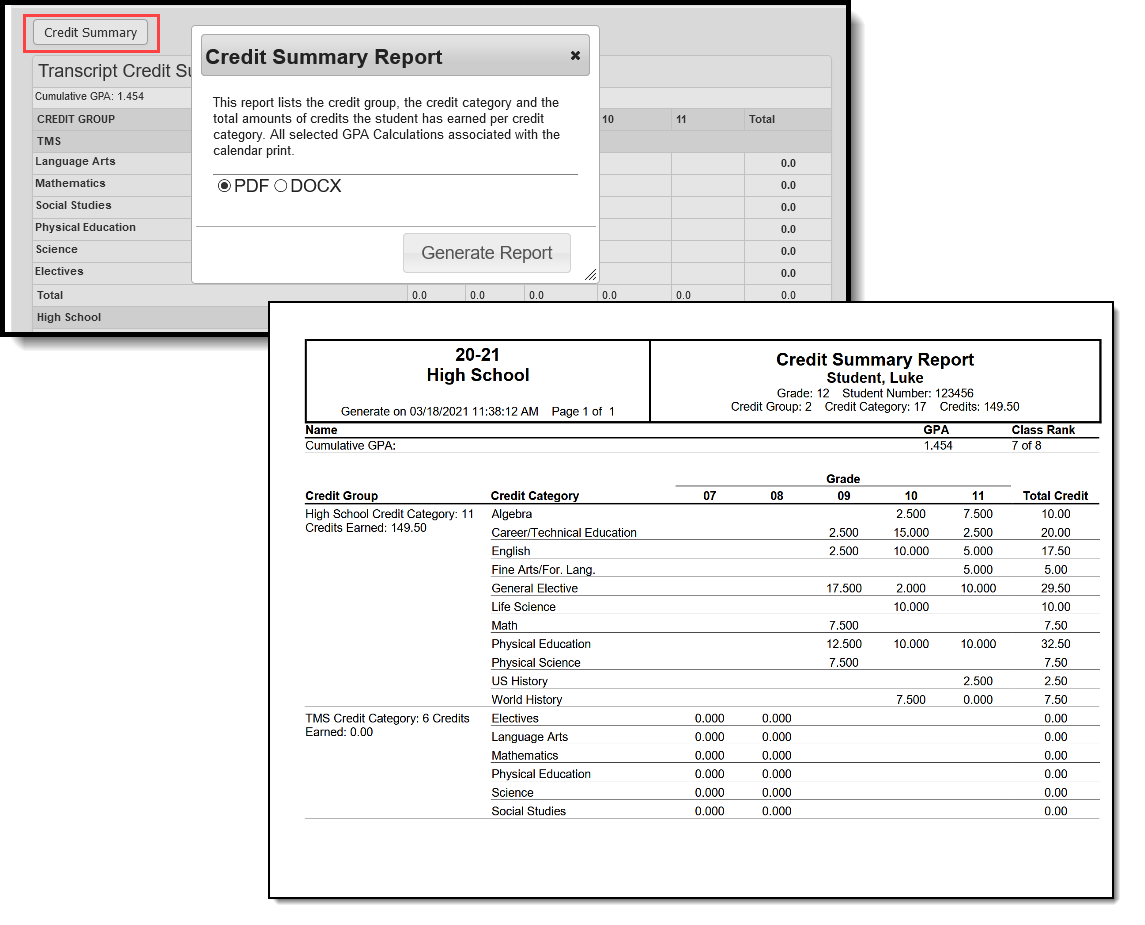 Two-part screenshot indicating that clicking the Credit Summary button allows users to generate the Credit Summary Report in PDF or DOCX format. 