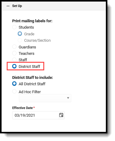 Screenshot of the district staff mailing labels radio button.