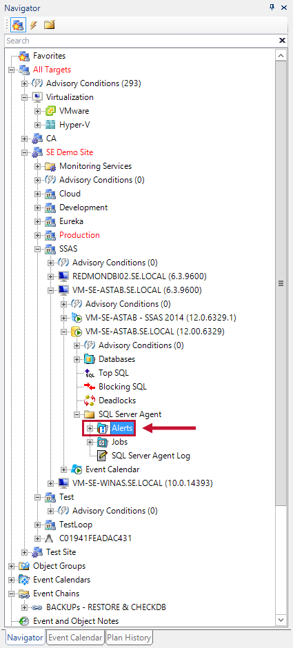 Navigator Pane with the SQL Server Agent Alerts folder highlighted.