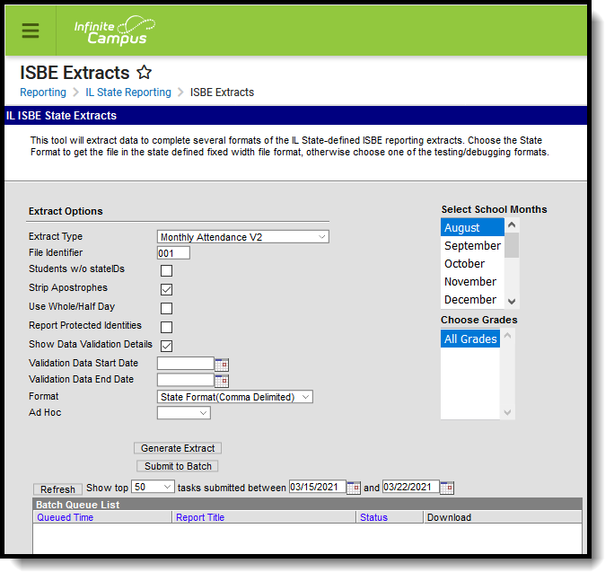 Screenshot of the ISBE Monthly Attendance extract editor.