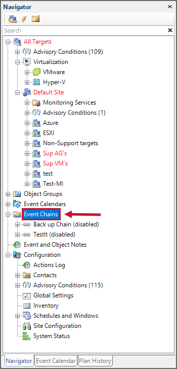 SQL Sentry Navigator Pane with the Event Chains Node highlighted and selected.