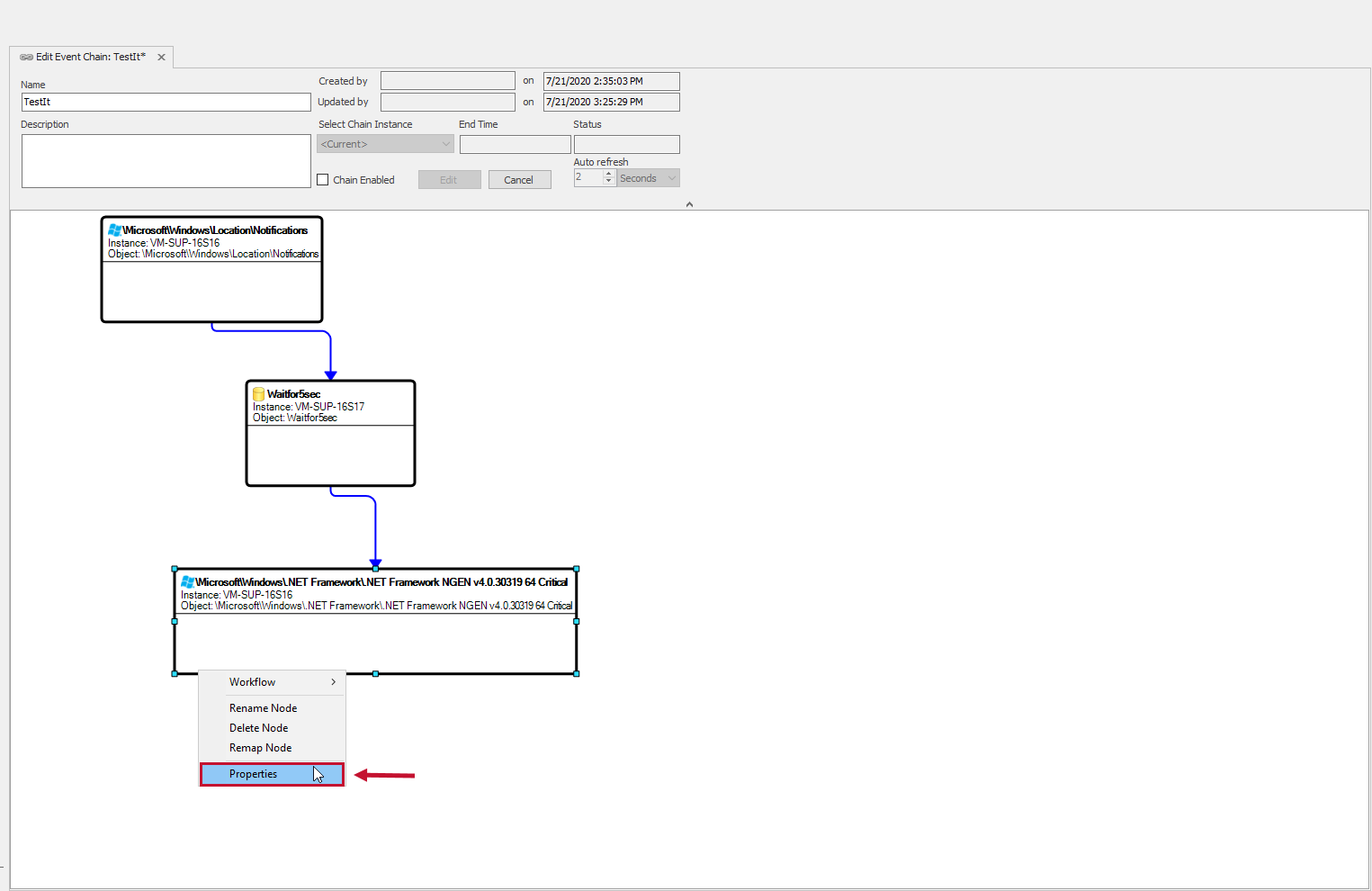 Edit Event Chain tab for TestIt with an Instance selected and the Properties context menu option highlighted.