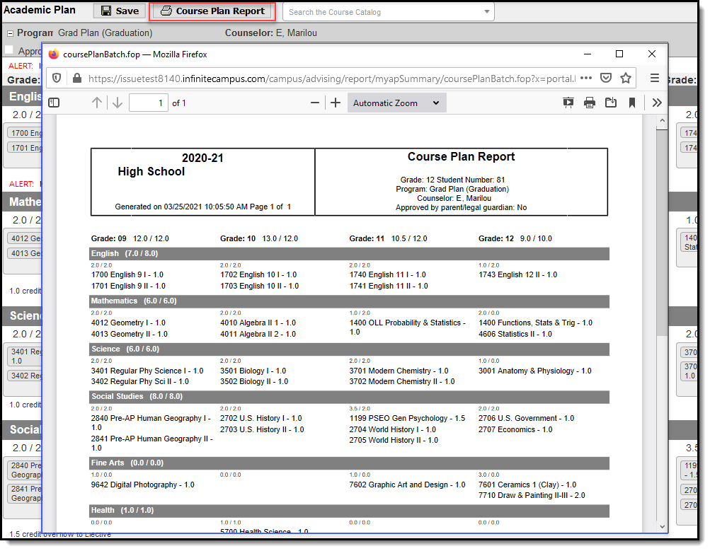 Screenshot of a course plan report example.