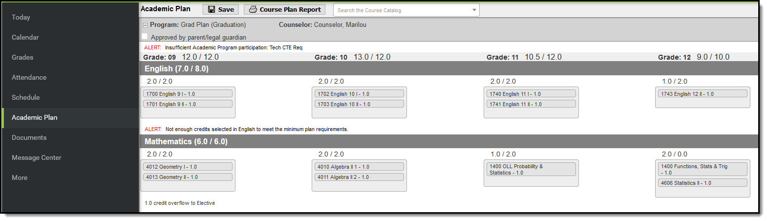 Screenshot of the Academic Plan tool.