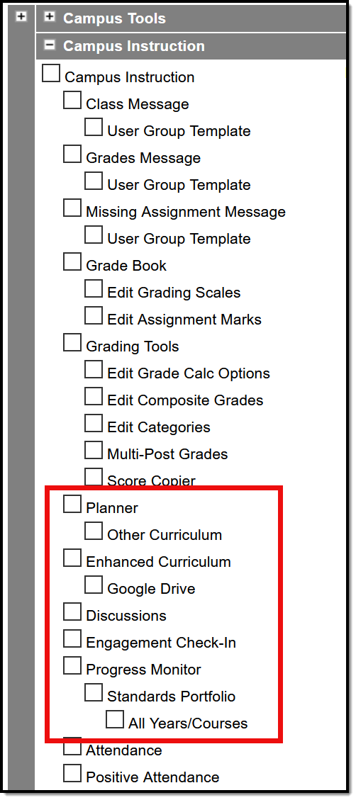 Screenshot highlighting the Campus Learning-specific tool rights in the classic view of tool rights. 