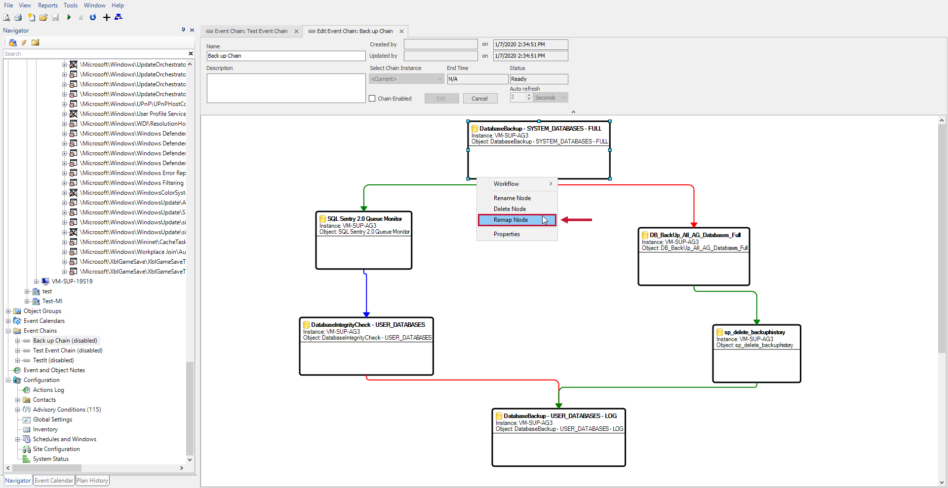 SQL Sentry Edit Event Chain tab with a node selected and the Remap Node context menu option highlighted.