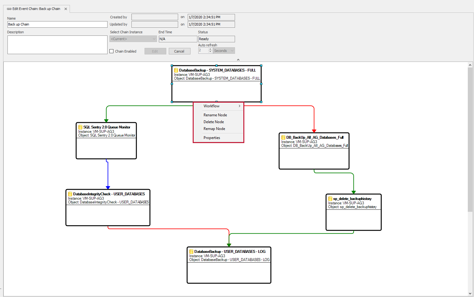 Edit Event Chain tab displaying 6 events with connected workflows, and the node context menu options highlighted.