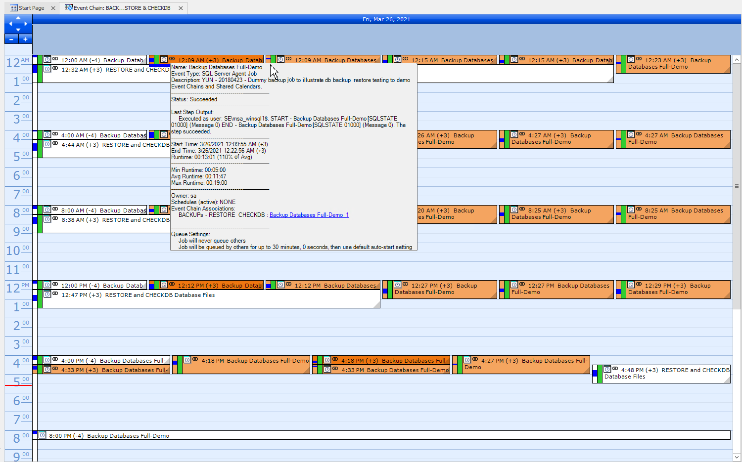 SQL Sentry Event Calendar with an Event Chain selected and the event info pop-up displayed.