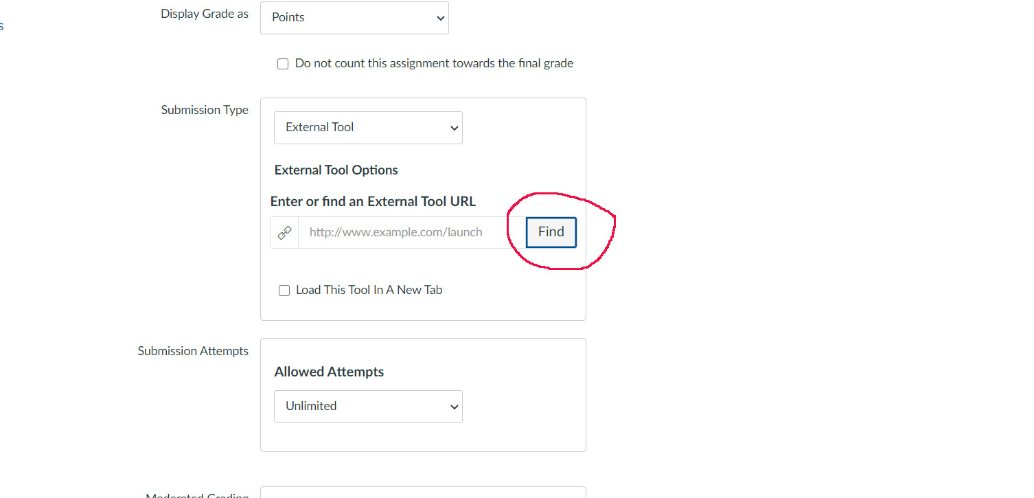 In Submission Type option, External Tool selected, and circle around the Find button at the Enter or Find External Tool URL option.