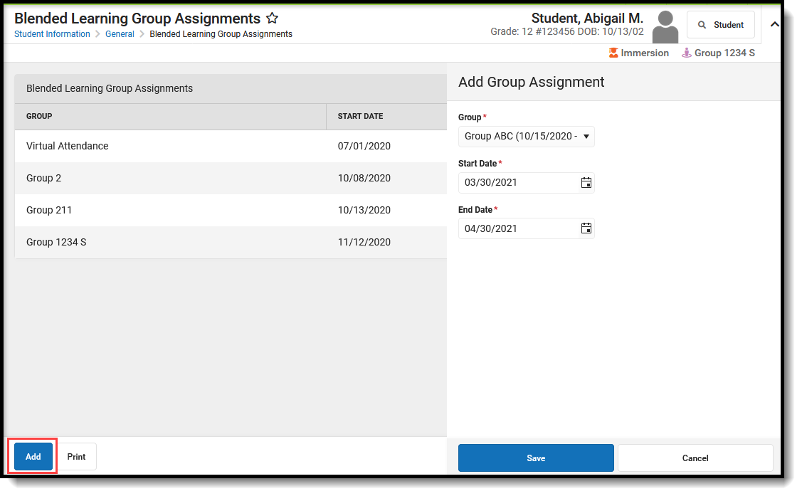 Screenshot of the Add New Group Assignment panel. 
