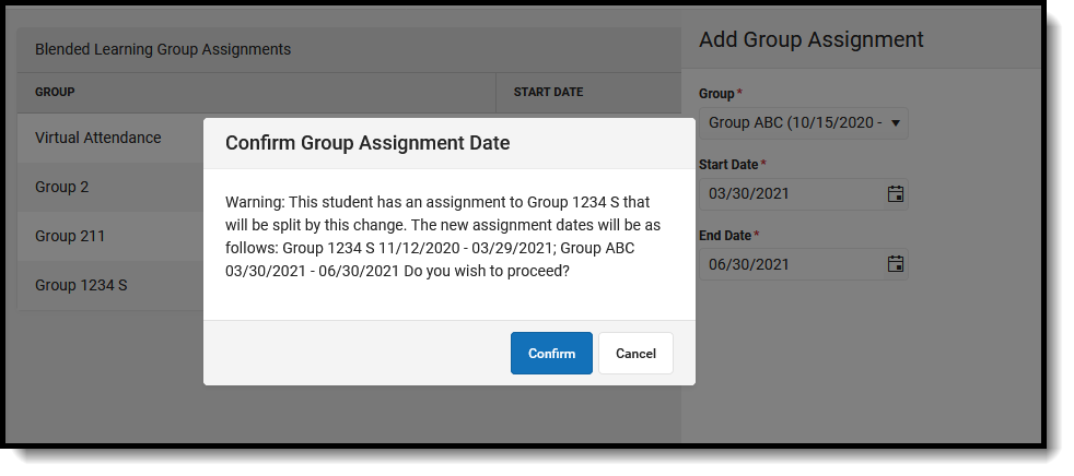 Screenshot of the confirmation that displays when adding a new group assignment. 
