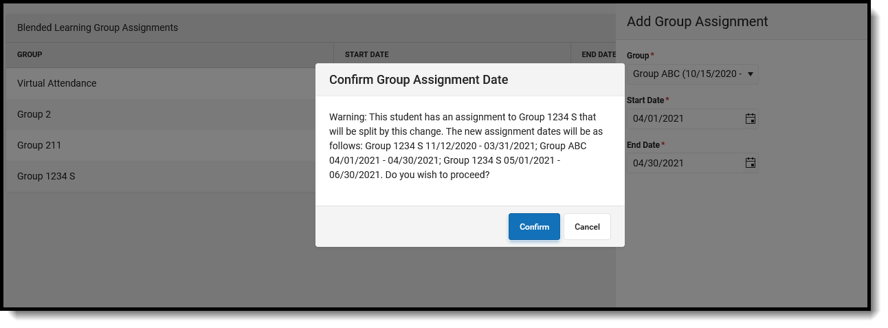 Screenshot of the confirmation that displays when editing a group assignment date. 