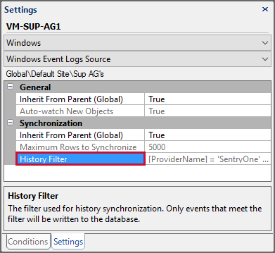 SQL Sentry Settings Pane for Windows Event Logs Source settings. The History Filter option is highlighted.