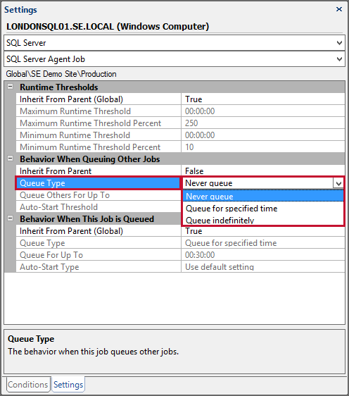 Settings Pane opened to SQL Server Agent Job with Queue Type highlighted and set to Never Queue.
