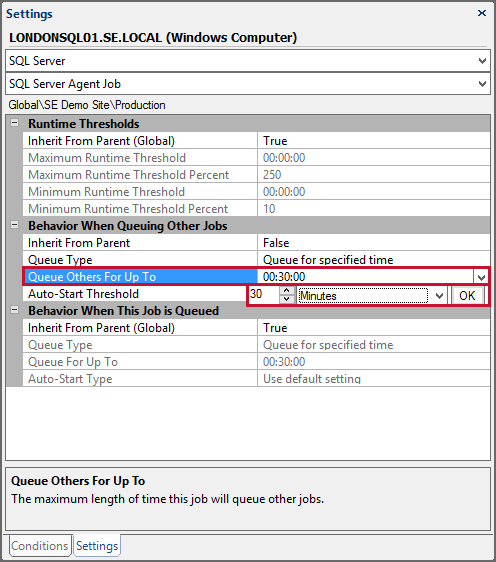 Settings Pane opened to SQL Server Agent Job settings with Queue Other For Up To highlighted and set to 30 minutes.