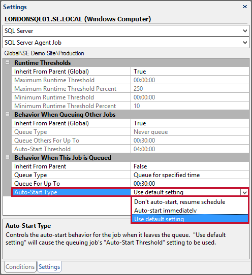Settings Pane opened to SQL Server Agent Job settings with Auto-Start Type highlighted and set to Use default setting.