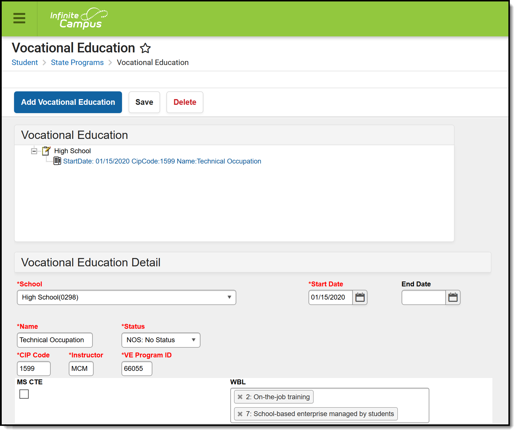 Screenshot of Vocational Education Editor