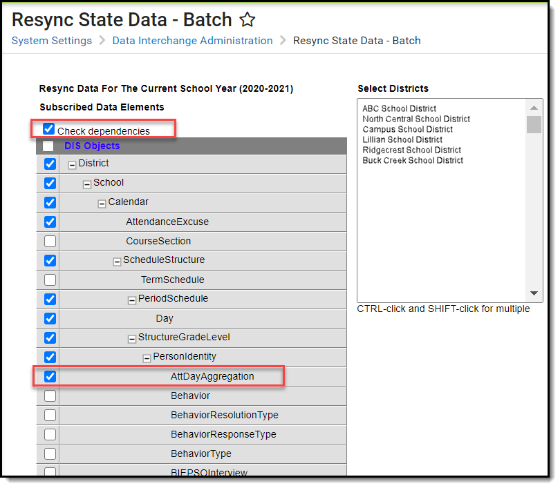 Screenshot of the resync editor noting Check Dependencies and AttDayAggregation.