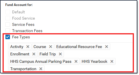 Screenshot of Fee Types selected for a Fund Account.