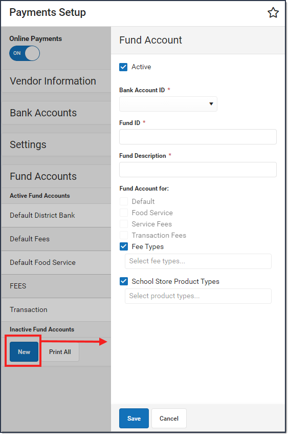 Screenshot of the Fund Accounts, the New button is called out and the new account side panel is open.