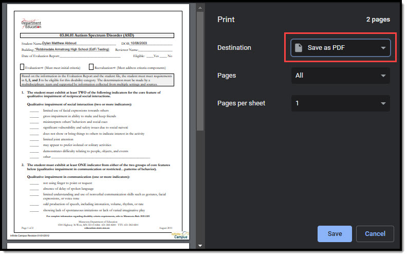 Screenshot displaying save custom form as PDF.