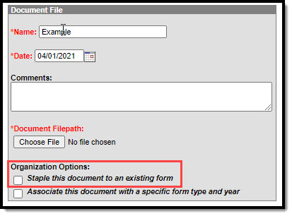 Screenshot of Upload and Staple Document calling out Organization Options.